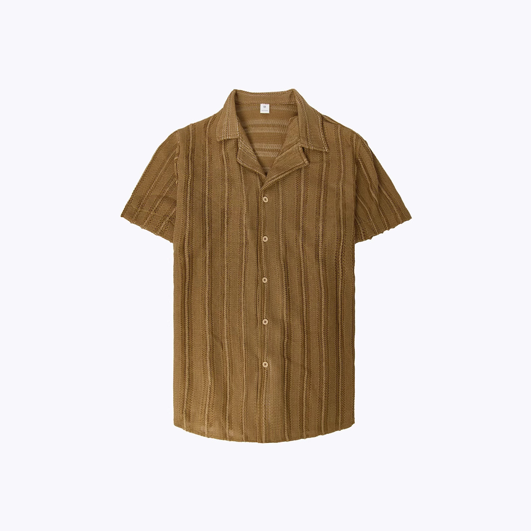 Men's Solid Color Short Sleeve Shirt Button up Hollow Lapel Summer Casual Top Hot Selling Men's Clothing_viptrois.com