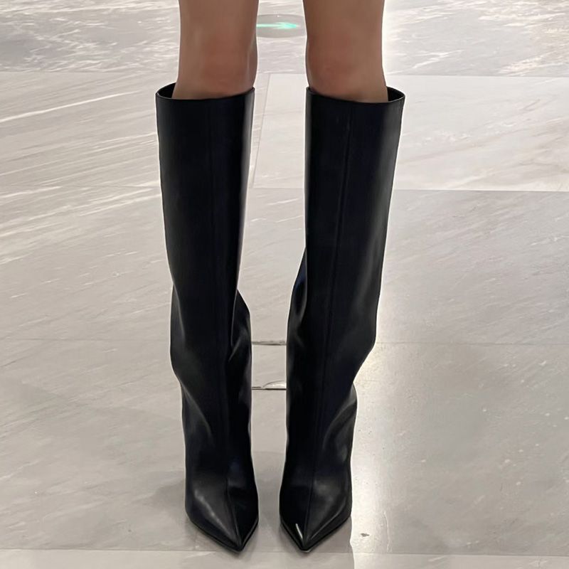 European and American Style Pointed-Toe Long Boots for Women, 2026 Autumn New Model, Wide Calf Circumference, Slimming Straight-Leg Boot, Wedge Heel Riding Boots