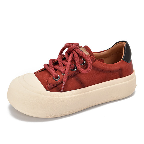 First-layer cowhide casual shoes for women 2024 spring red lace-up low-cut large round-toe women's shoes retro flat-heeled sneakers