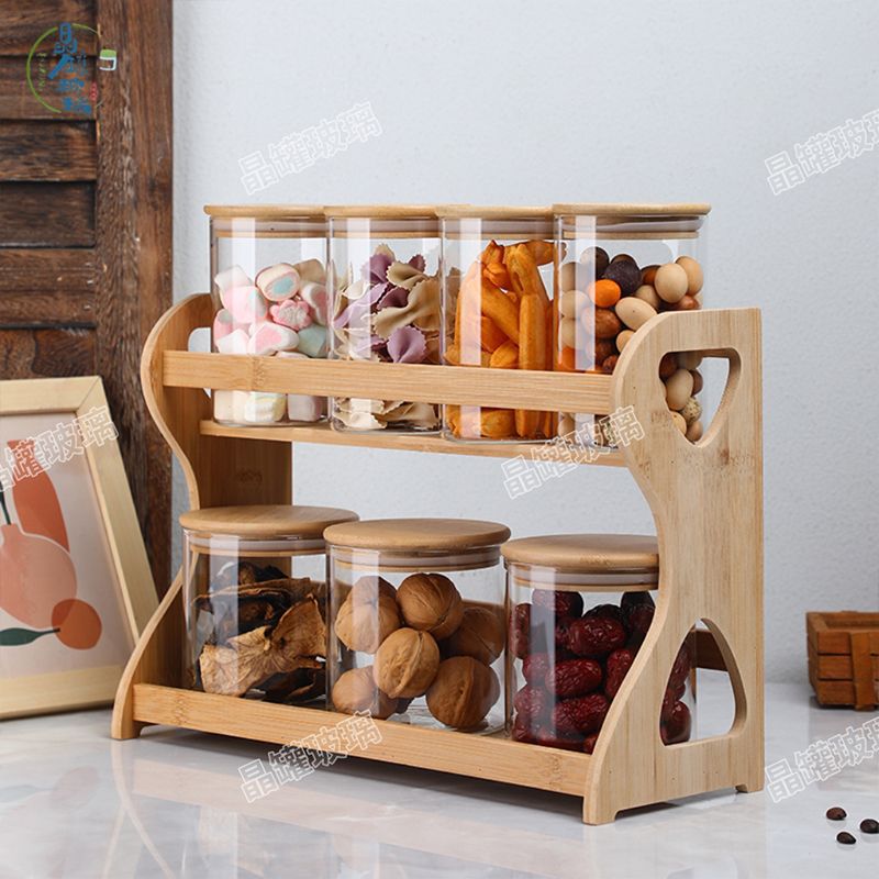Latas de especias domésticas de cocina con cuchara con marco de madera Botella de condimentos de vidrio conjunto de combinación de latas de condimentos de té