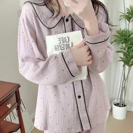 批发货源 春装新款双层纱紫色波点拼色边长袖长裤睡衣家居服套装