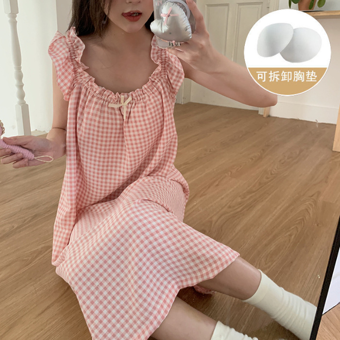 Pijama de verano, vestido de mujer, nuevo estilo con cojín de pecho, flores dulces, estudiantes, pijamas caseros, cabello de acento