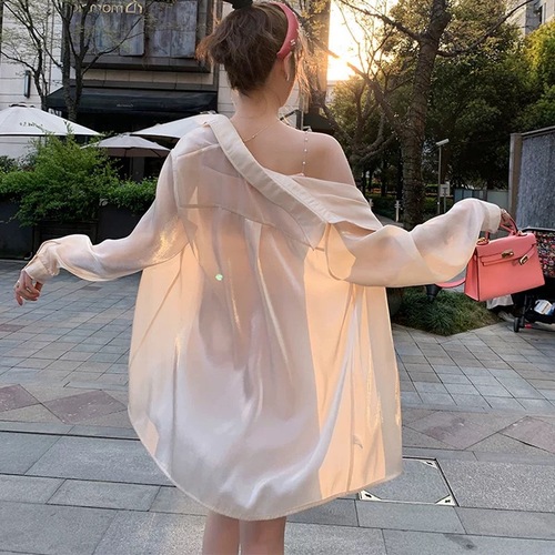 Women's Pearlescent Sunscreen Shirt 2025 New Thin Sheer Ethereal Unique Cardigan Chiffon Top