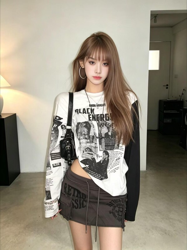 Y2K Millennial Subculture Retro Portrait Raglan Long Sleeve Distressed Lettering Color-Block Niche Hot Girl Long Sleeve Top Summer