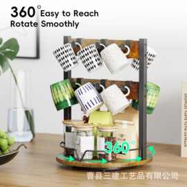 跨境铁艺双层可旋转马克杯置物架 木质茶水间咖啡杯收纳架
