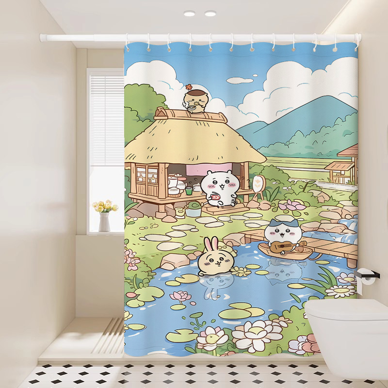Chiikawa Thickened Bathroom Shower Curtain for Student Dormitory Partition, No-Drill Wet and Dry Separation Shower Curtain