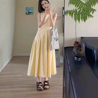 法式气质小个子宽松黄色无袖连衣裙女2026新款夏季收腰背心长裙子