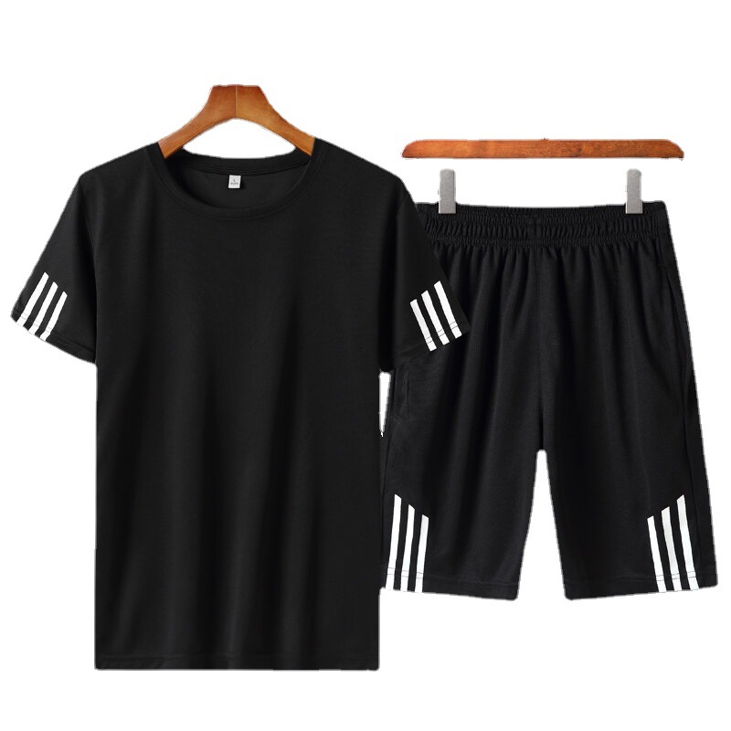 Traje deportivo transfronterizo de verano de secado rápido para hombre, conjunto de pantalón corto y camiseta de manga corta, traje de tres rayas personalizado para comercio exterior, conjunto de dos piezas de talla grande para hombre