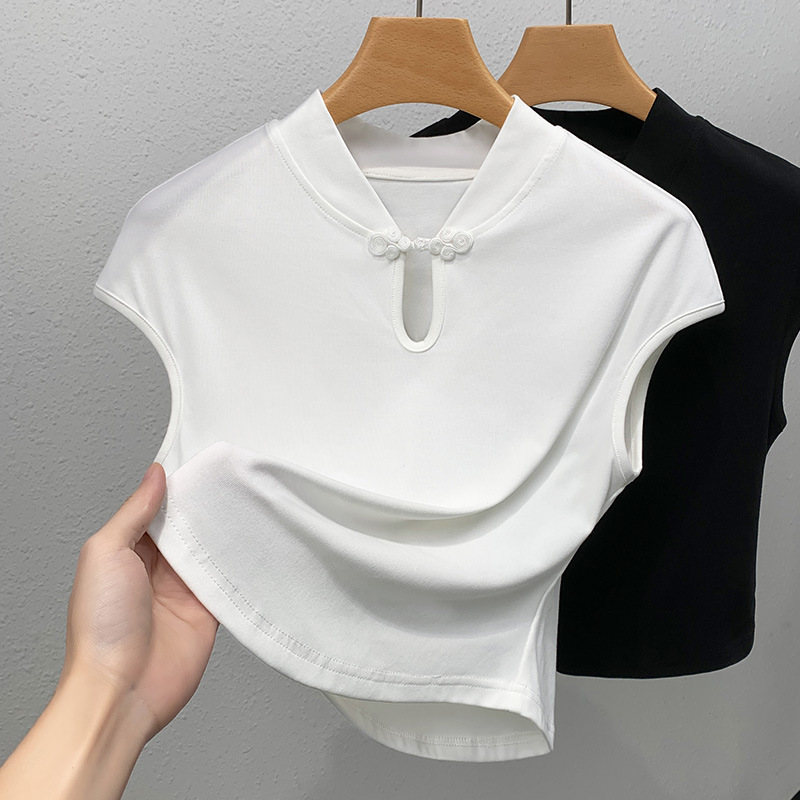 Camiseta de mangas cortas de botón de viento nacional para mujeres 2024 nueva ropa de mujer cuello vertical camiseta de color sólido camiseta de hombro de camisa china