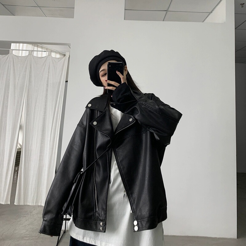 New Spring and Autum Korean Style Loose Leather Jacket Oversize Motorcycle Pu Leather Bf Leather Jacket Women's Fashionable