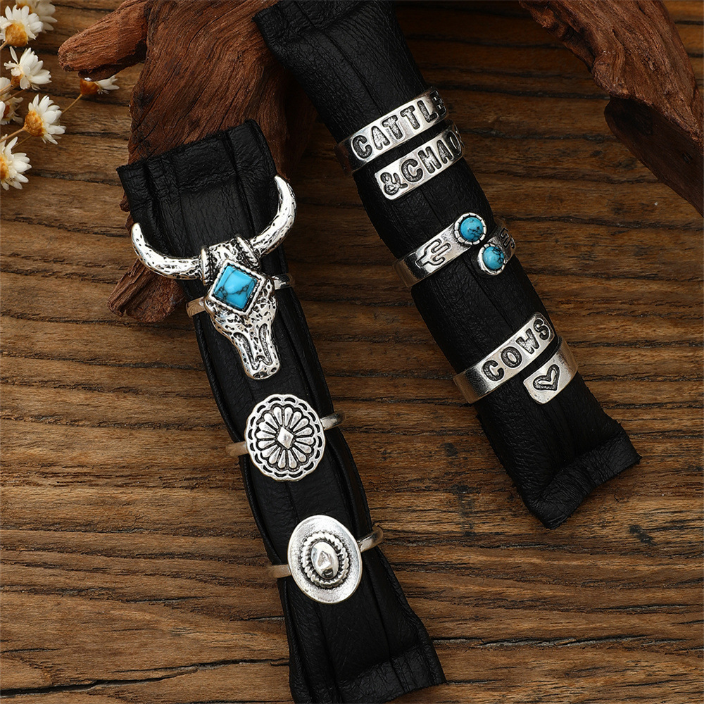 Open Rings Classification Retro Ethnic Style Cowboy Style Geometric Letter Heart Shape Alloy Plating Inlay Turquoise Women's Open Rings