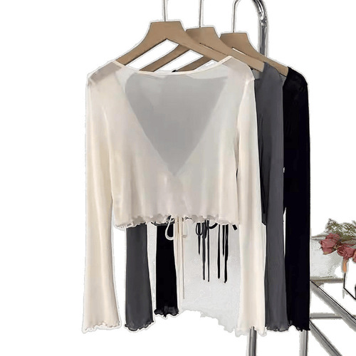 Design with lace sun-drying cardigan for women's spring and summer 2025 suspender skirt with mesh shawl blouse fungus top