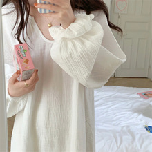 实拍2024春季深V领简约宽松长袖睡裙纯色纱布家居服睡衣带发圈女