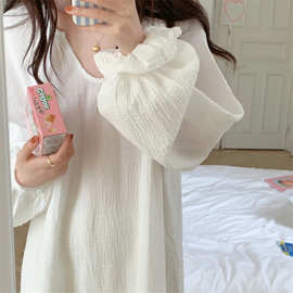 实拍2024春季深V领简约宽松长袖睡裙纯色纱布家居服睡衣带发圈女