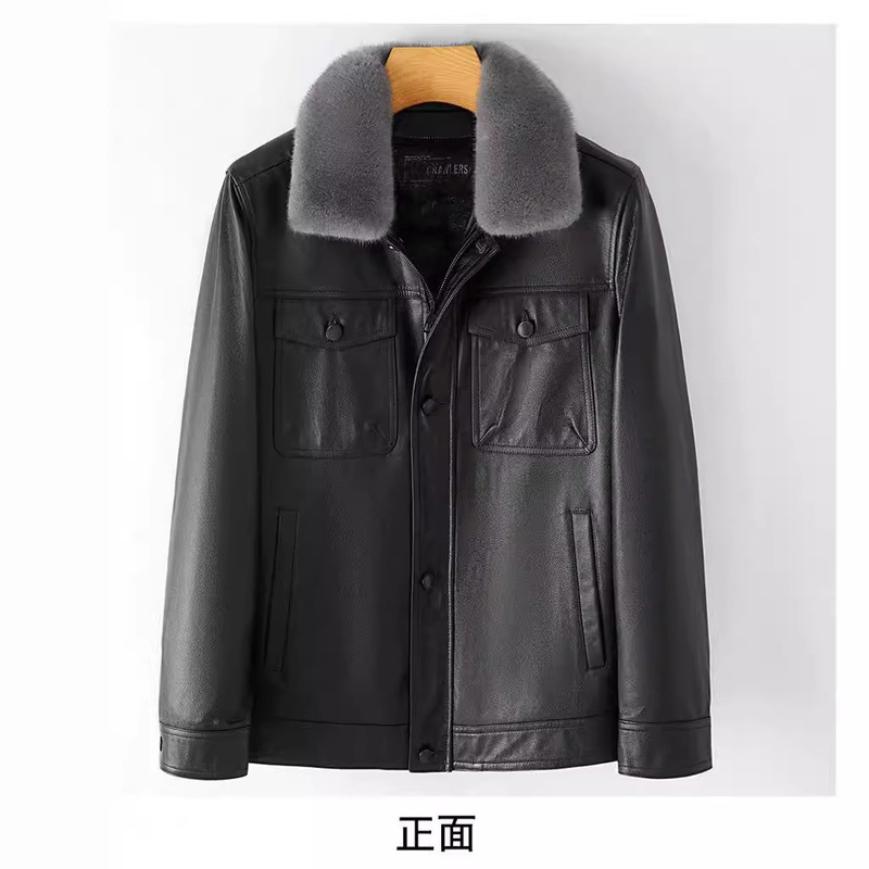 Factory Direct Sale Men's Genuine Leather Jacket with Detachable Mink Collar and down Lining, Genuine Leather Coat with Turn-Down Collar