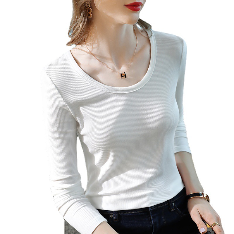 Camisa de fondo de manga larga para mujer 2023 Primavera y otoño nueva camiseta de color sólido con cuello redondo básico para mujer Top ajustado elástico interior
