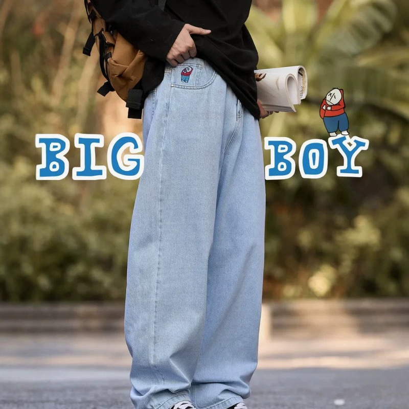 Polar Big Boy Jeans American-style skateboard wide-leg jeans for men with cartoon embroidery, loose-fitting dad pants
