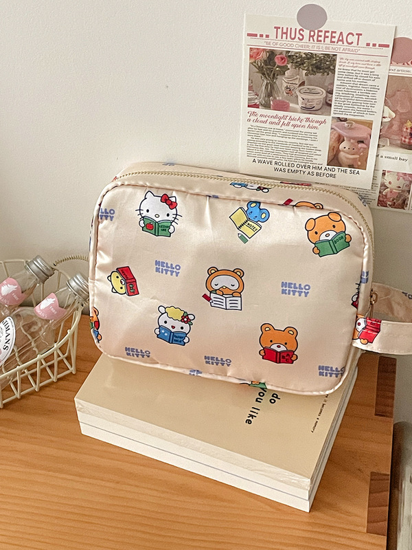 サテンkt猫化粧バッグかわいいアニメプリント収納バッグ高颜値外出旅行携帯携帯洗面バッグ|undefined