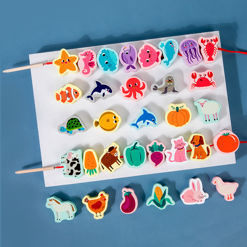 Juguetes de bloques de construcción de entrenamiento de concentración de rompecabezas de cuerda de enhebrado de cuentas para niños bebés 1-2 años 3 cuentas al por mayor