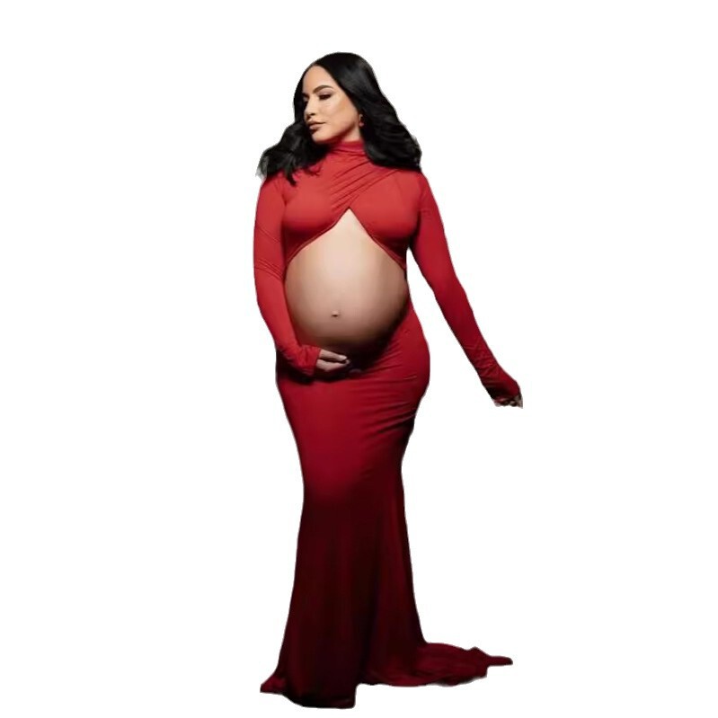 Cross-border High Neck Slim-fit Elastic Pregnant Women Trailing Hollow Backless Foreign Trade Pregnant Women Photography dress Dress