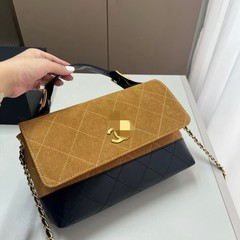 小香bobo拼色磨砂麂皮翻盖包2025新款复古百搭单肩手提菱格链条包