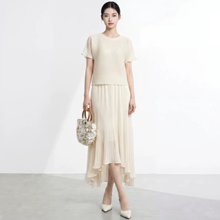 松弛感通勤风三宅时尚两件套纯色短袖高腰不规则鱼尾半裙三宅套装