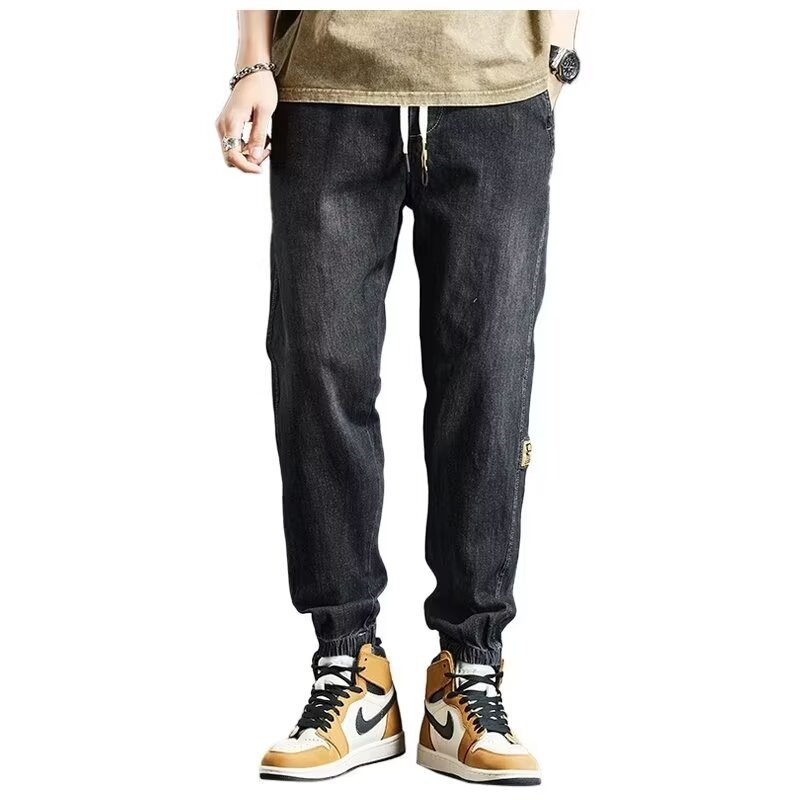 2024 primavera y otoño pantalones vaqueros de cintura elástica todo fósforo para hombres, pantalones de pierna ancha rectos sueltos para adolescentes de la calle principal