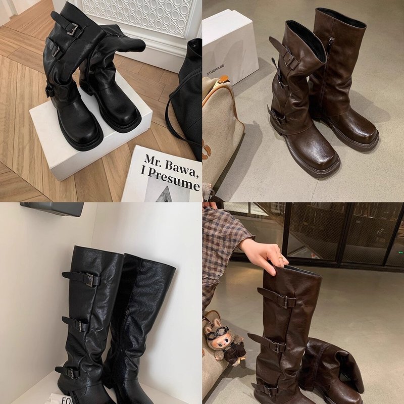 增高6cm~时髦皮带扣方圆头褶皱中筒骑士靴女秋季堆堆靴裤管烟筒靴|undefined