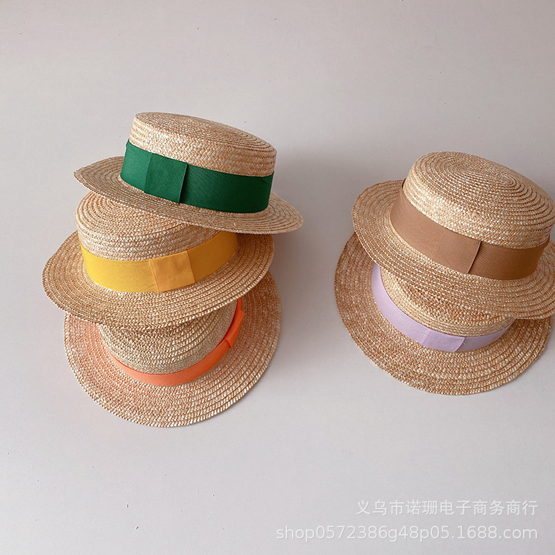 Sombrero de paja de trigo plano para niños, estilo coreano, para playa, ala ancha, protección solar, moda