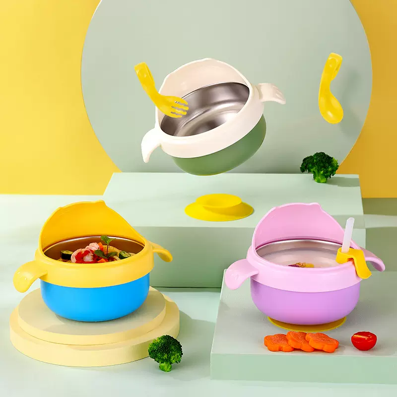 宝宝儿童辅食碗316不锈钢注水防洒保温碗带吸盘可拆卸双柄防烫碗