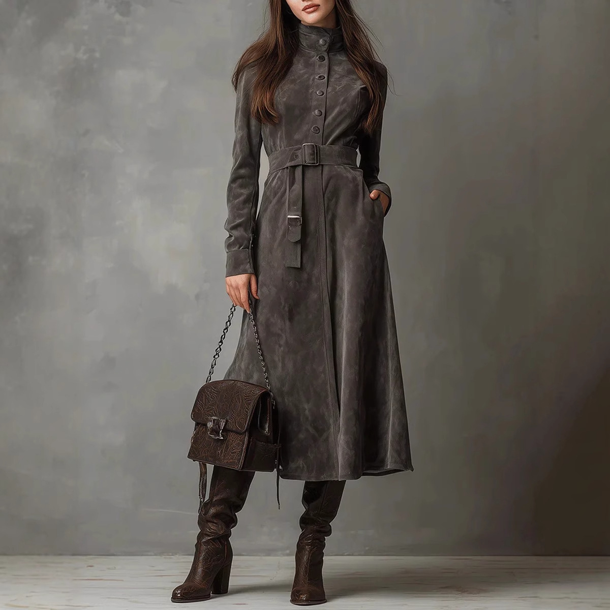 2025 European and American Clothing Amazon Ins Autumn and Winter Outwear Lapel Western Style Long Windbreaker Jacket Dress