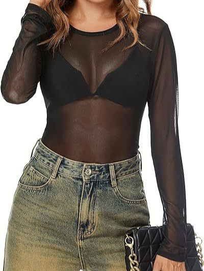 Akewei Women's Mesh Long Sleeve Top Round Neck Sexy See-Through T-Shirt Party Club Night Lace Shirt