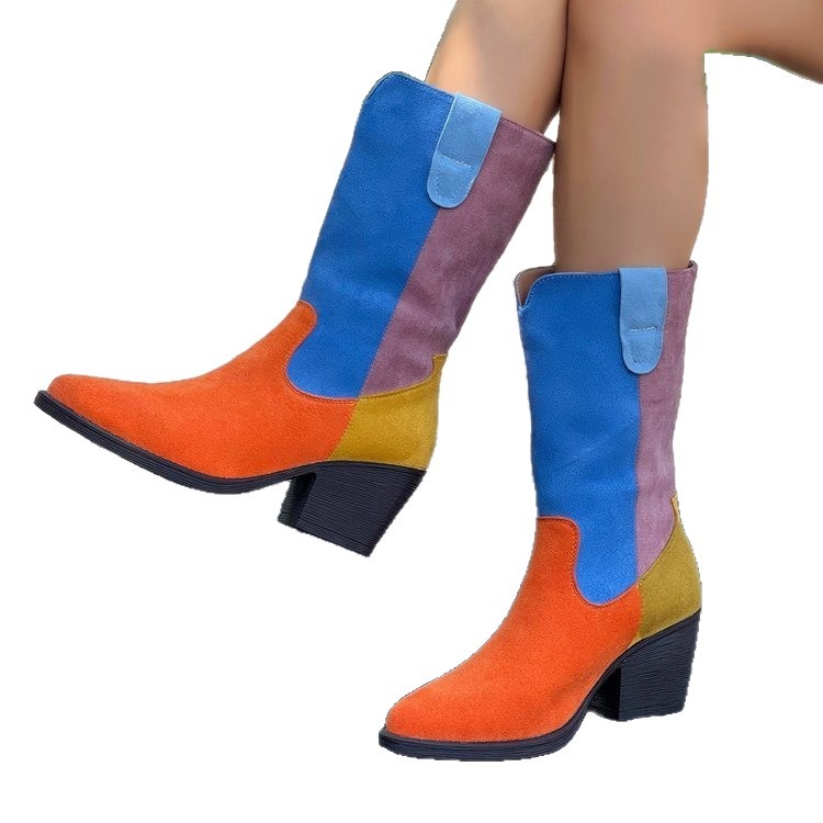 Women's Color Blocked Pointed Toe Riding Boots plus Size Slip on mid Heel Western Style Shoes for Autumn_voghion.com