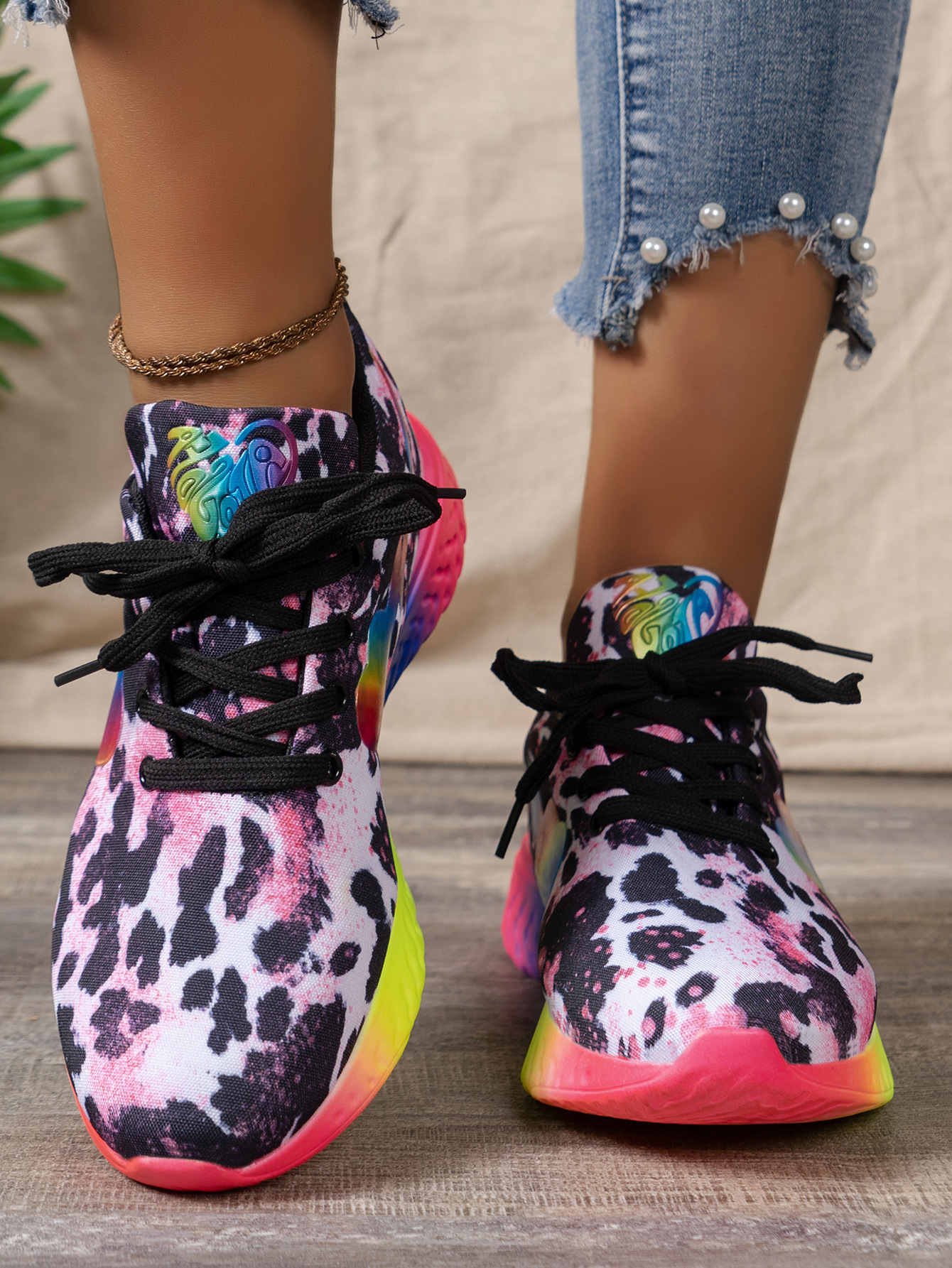 Sneakers da donna con suola arcobaleno, taglia grande, con laccio frontale leopardato e punta tonda_voghion.com