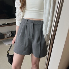设计感灰色西装短裤女夏季新高腰显瘦宽松a字阔腿抽绳休闲五分裤