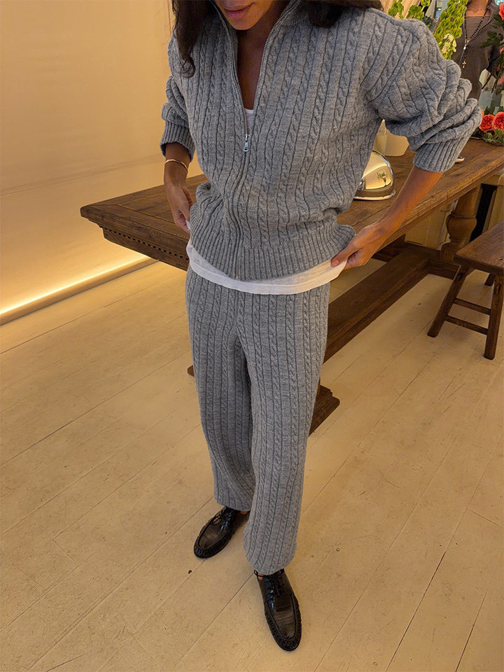 Bộ hai món nữ áo len cardigan cổ bẻ khóa kéo phối quần dài ống đứng, form rộng — Bộ hai mảnh áo len màu hồng, Bộ hai mảnh áo len màu sô cô la, Bộ hai mảnh áo len màu xanh ô liu, Bộ hai mảnh áo len màu xám chi tiết 12