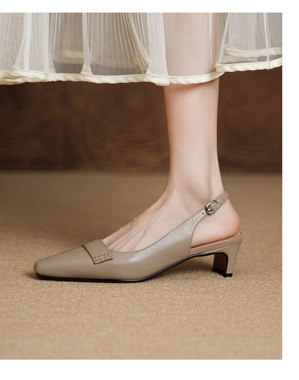 Sandal nữ da dê gót vuông 4.5 cm mũi kín hở gót phong cách Hàn Quốc — đen chi tiết 10