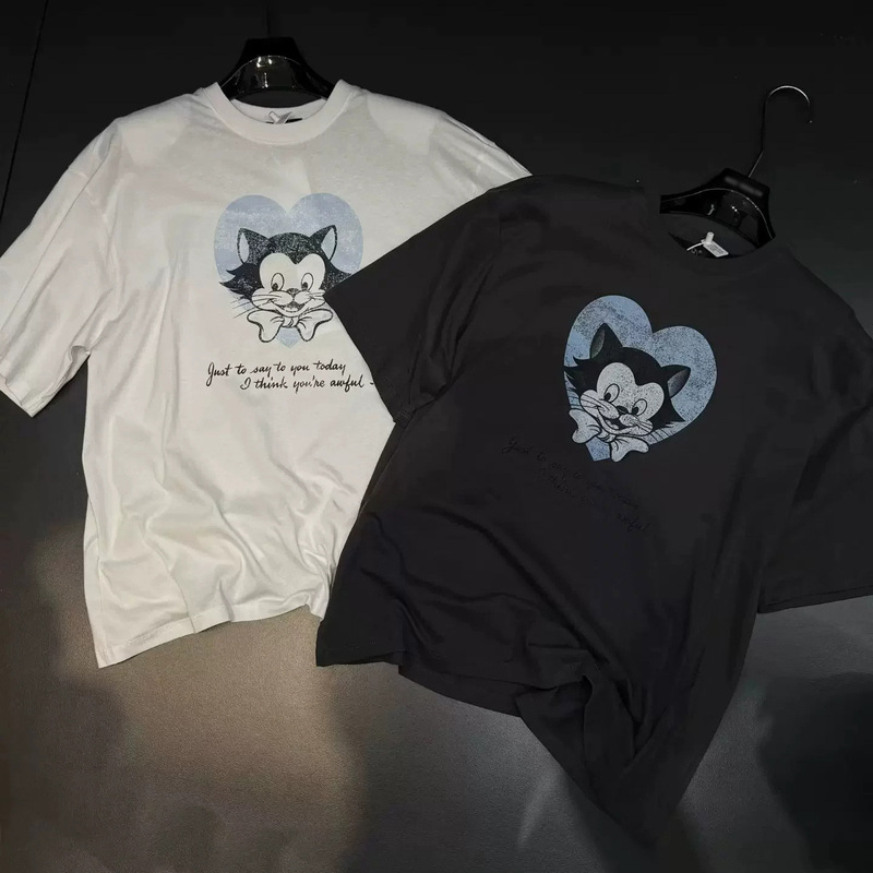 South Korea's Dongdaemun 2026 New Summer Style Casual Shoulder Pad Cartoon Letter Print Loose and Stylish Short-Sleeved T-Shirt for Women