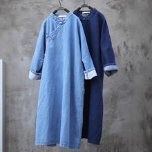 偏襟盘扣禅服长款宽松牛仔风衣外套禅意袍复古纯色袍子