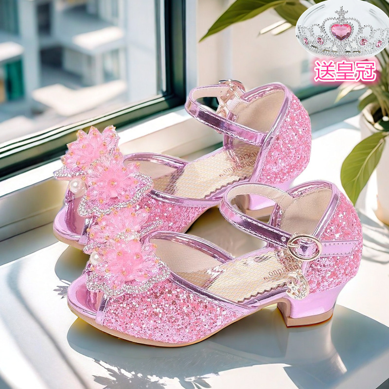 Children's High Heels 10 Girls' Sandals 6 Cinderella 7 Crystal Shoes 8 Princess 11 Girls 9 Years Old Performance Fish Mouth Sandals