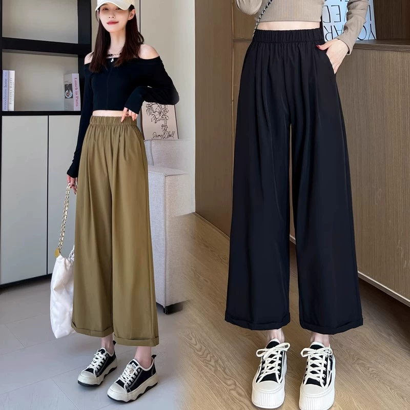 Быстросохнущие брюки из ледяного шелка для женщин, летние свободные широкие брюки с высокой талией и драпировкой, миниатюрные тонкие повседневные укороченные прямые брюки больших размеров