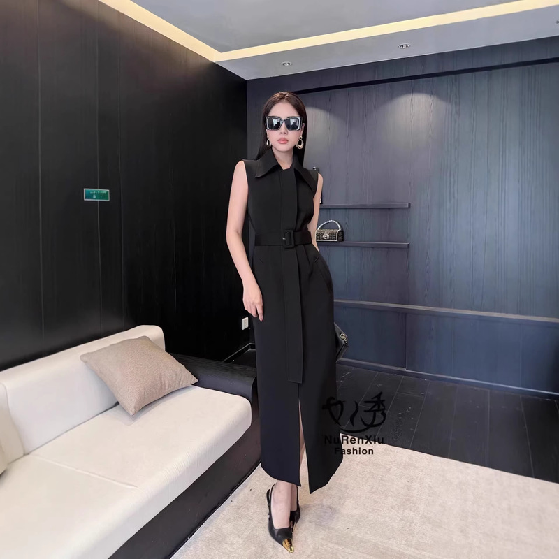 Summer 2026 Women's Elegant Style Dress with a Turn-Down Collar, Short Sleeves, Waist-Cinching Top, and High-Waisted Slit Slimming Long Skirt