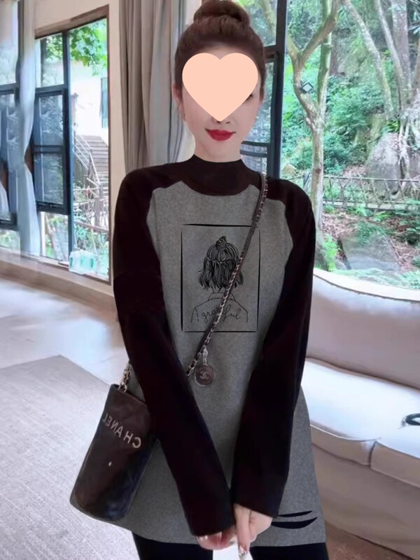 磨毛长袖恤女秋冬宽松中长款半高领内搭打底衫搭配鲨鱼裤的上衣|undefined
