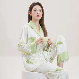 工厂直销时尚仿真丝家居服长袖长裤翻领家居服印花两件套直播热销