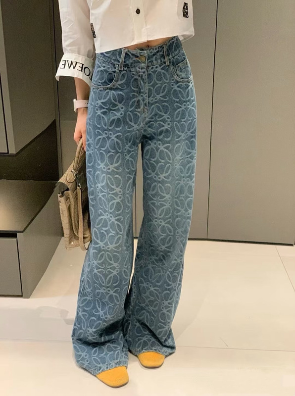 LO*WE蓝色印花复古牛仔裤女春秋高腰宽松直筒阔腿长裤子2025新款|undefined