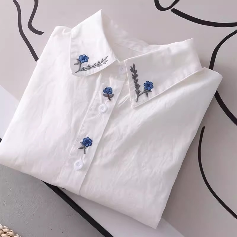 Autumn blue cotton shirt flower-shaped, with embroidery