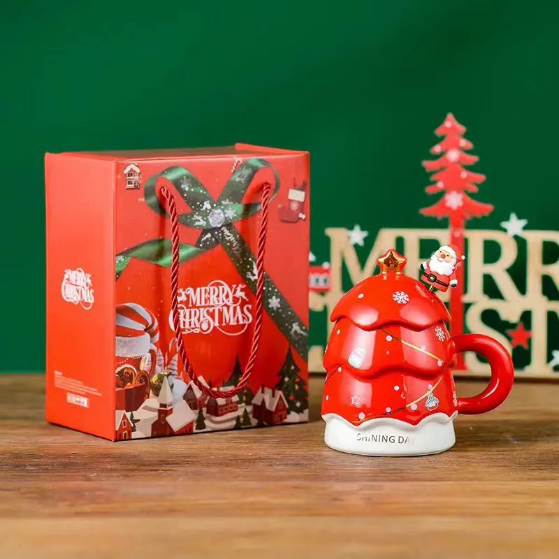 Taza navideña creativa, taza de cerámica con tapa y cuchara, taza para beber, taza de alta gama, taza de gran capacidad con diseño de árbol de Navidad