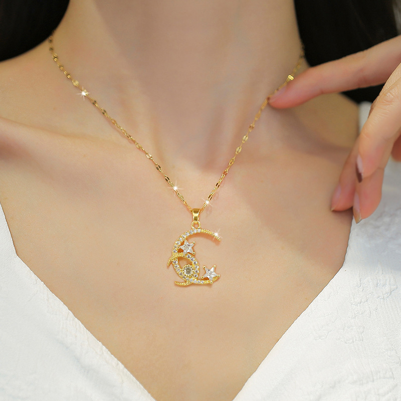 1 Piece Simple Style Star Moon Stainless Steel Copper Rhinestone Pendant Necklace_colorza_1