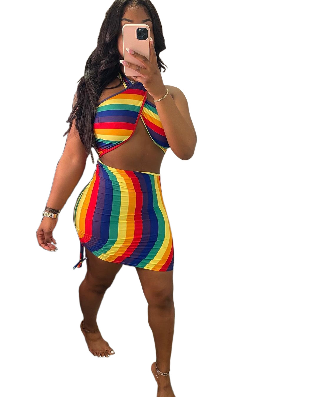 thumbnail image 1 of Conjunto de dos piezas con cordón y cuello halter cruzado, vestido y falda que cubre la cadera, nueva moda europea y americana de verano, 1 of 5