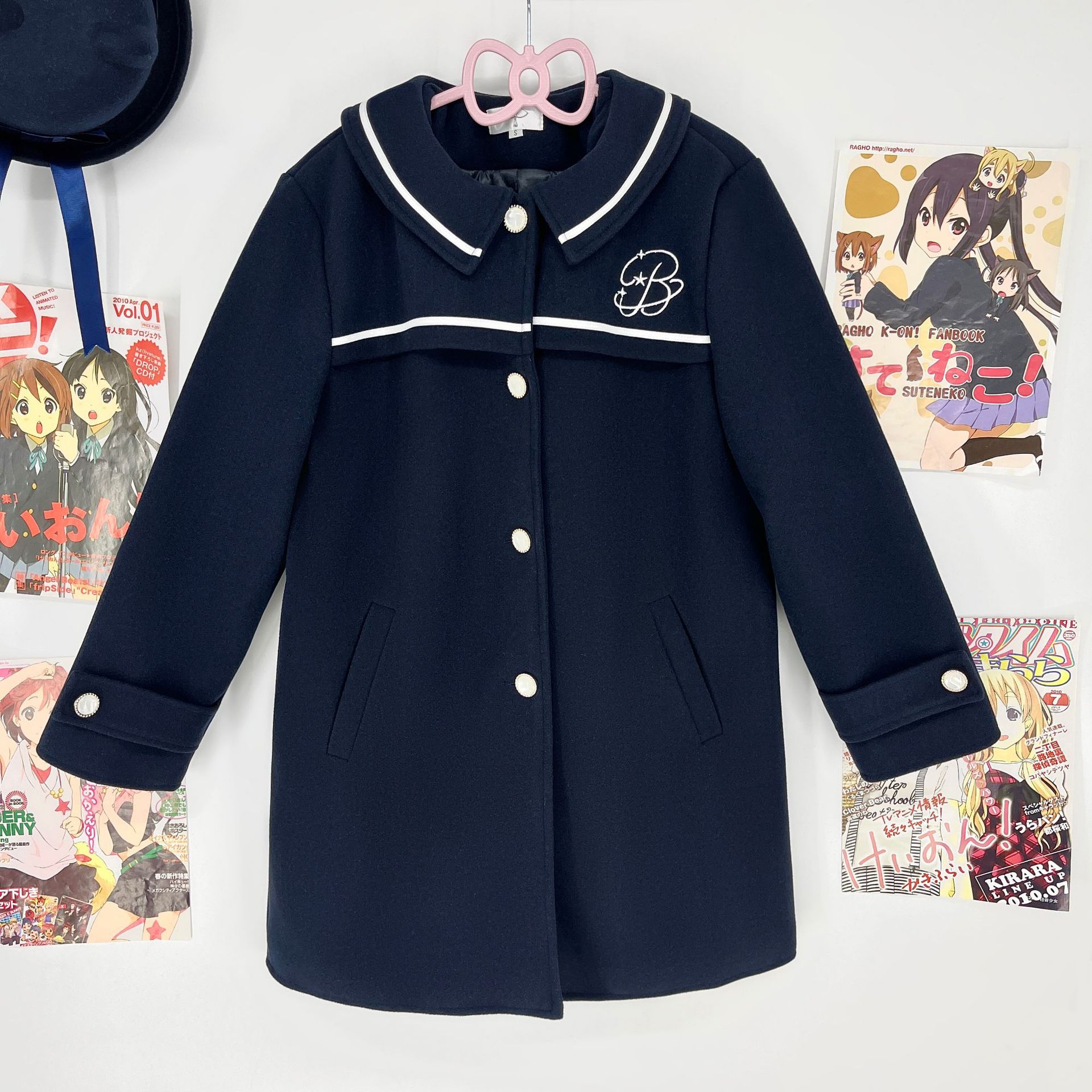 繁星纪中长款藏青色彼得潘领毛呢外套秋冬白色饰边刺绣珍珠扣大衣